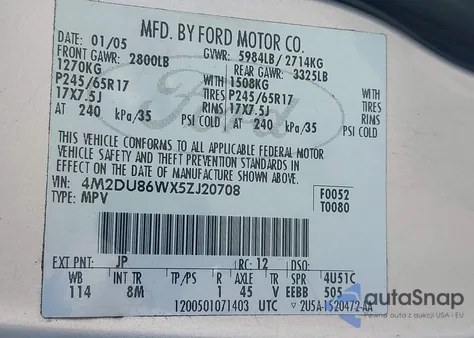 2005 Mercury Mountaineer from USA, damaged, VIN 4M2DU86WX5ZJ20708